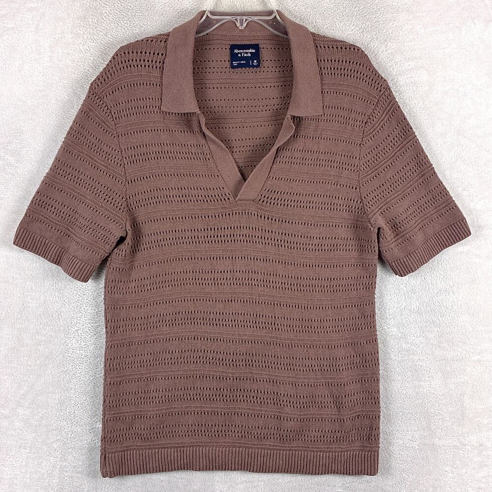 Abercrombie & Fitch Polo Shirt Mens M Brown Open Knit Johnny Collar Preppy Beach